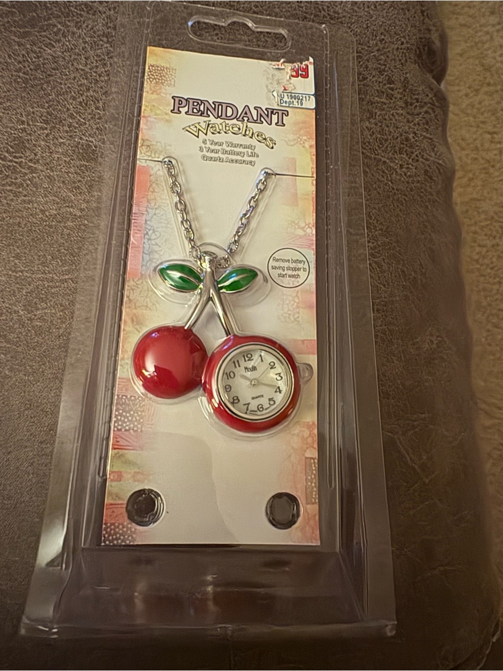 New in Package - Moulin Quartz Cherry Pendant Necklace Watch - Red